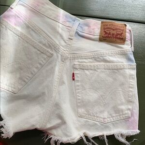 Levi's White Denim Cutoff Shorts with Pink Tie-Dye Accents